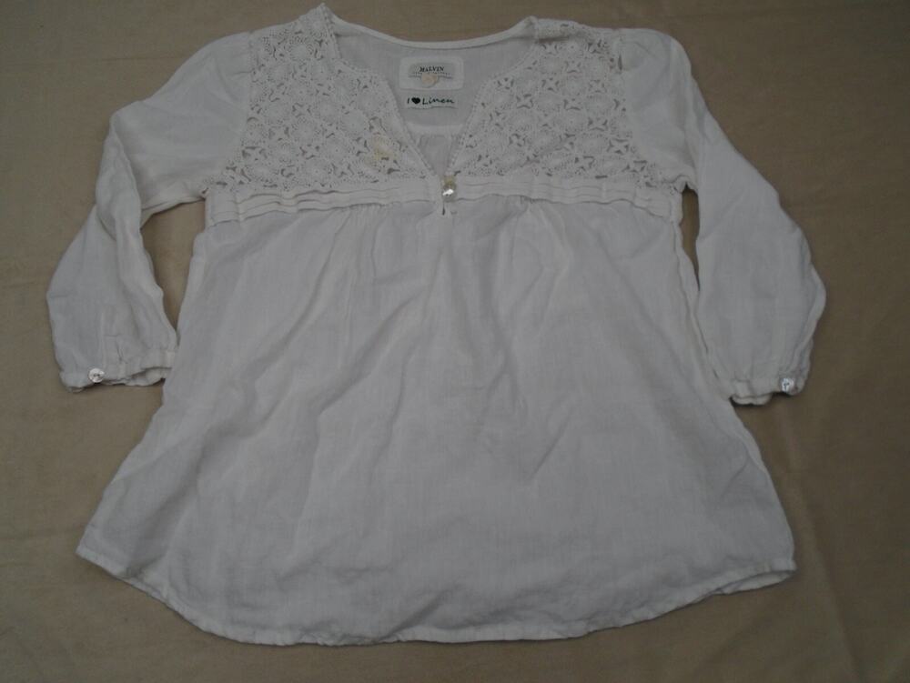 Malvin Linen Top XS White Crochet 3/4 Sleeve Lightweight Lagenlook Minimalist